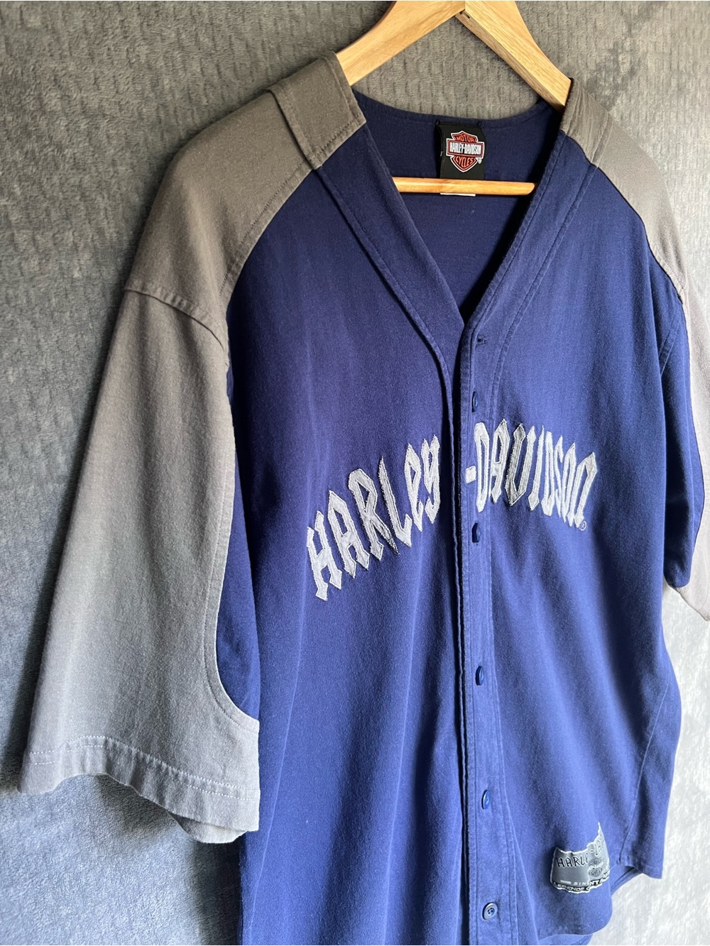 VTG 2000 Harley Davidson Baseball Jersey Sz Large Blue Gray Cotton Button Down
